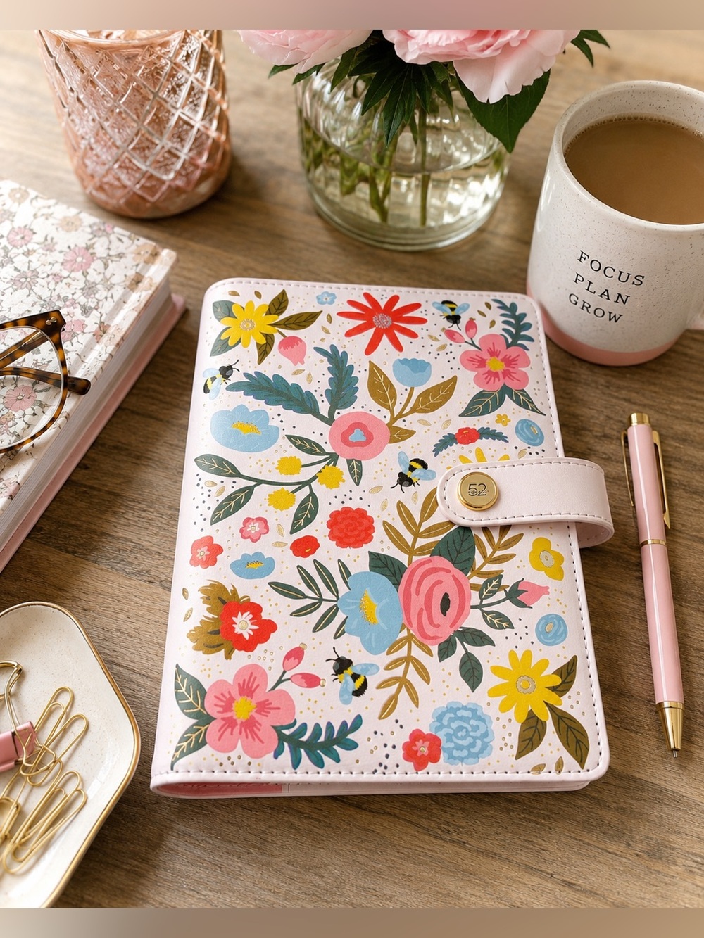 The Paper Studio Floral Bee 6-Ring Planner Binder Pink Gold Foil